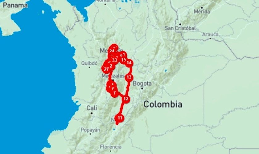 Mapa de viajes en moto por Colombia hasta 2024