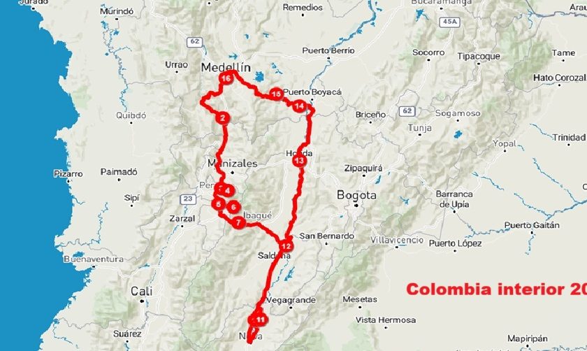 Mapa del viaje por el interior de Colombia de 2024