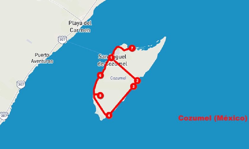 Mapa de recorrido en moto por Cozumel, México, 2025