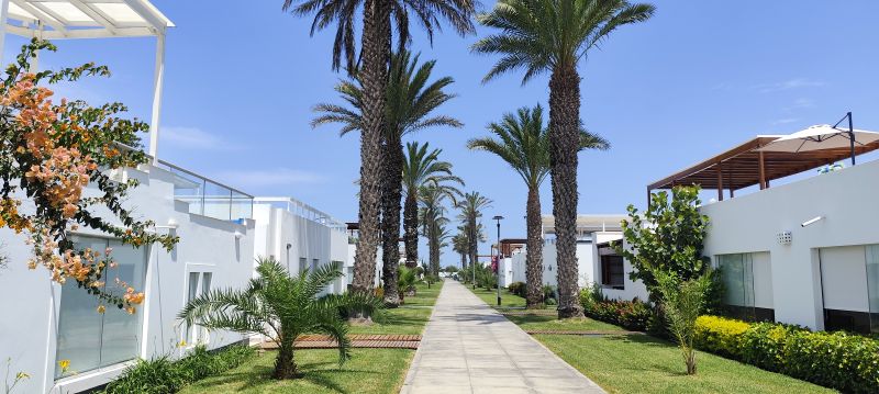 La hermosa y tranquila urbanización de Playa Bonita, con sus casas blancas y sus cuidados jardines.