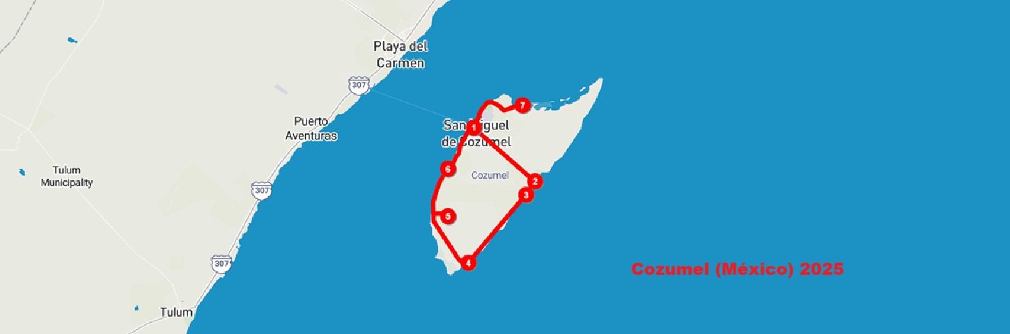 Mapa de recorrido en moto por Cozumel, México, 2025